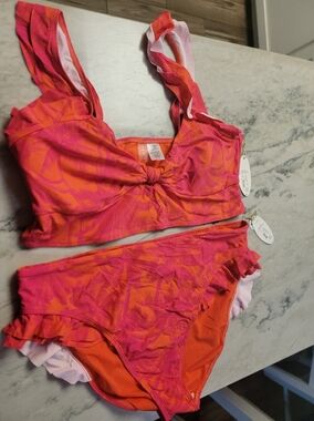 Bright Pink + Orange Tropical One-Piece Swimwear